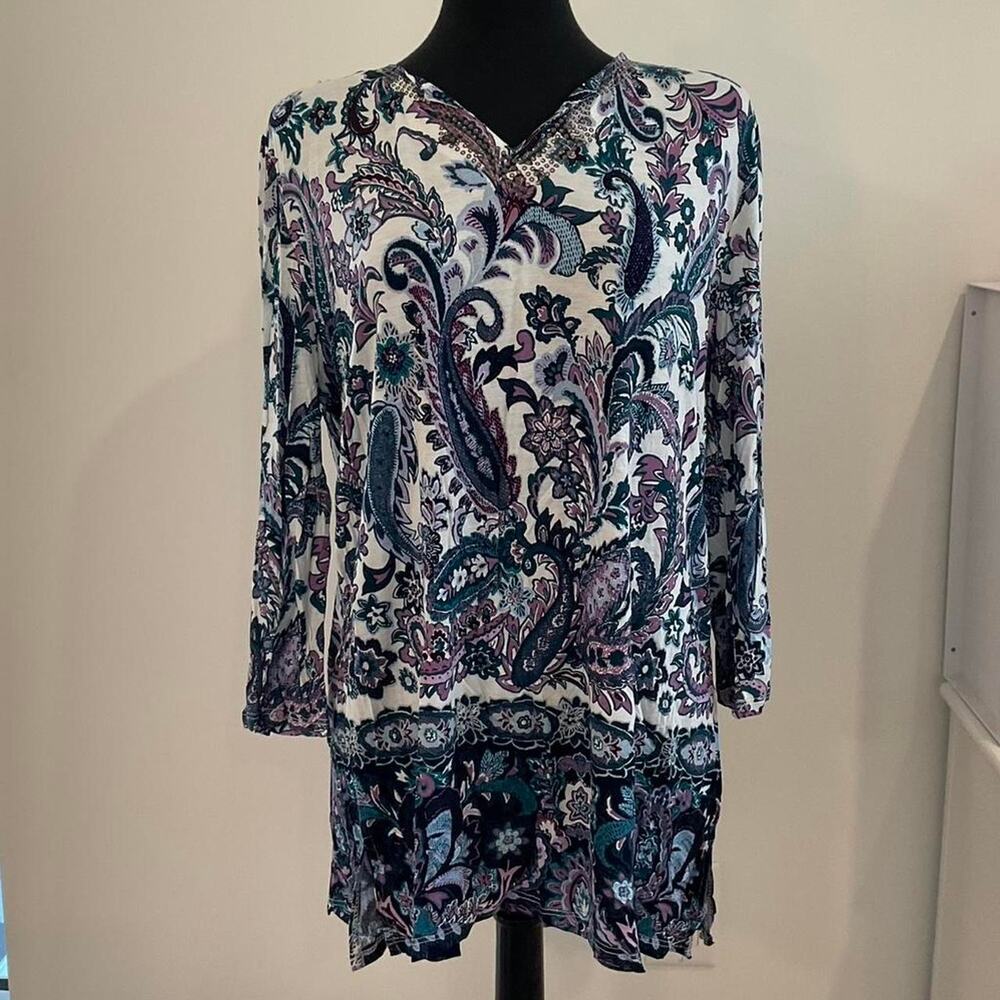 White Stag Purple and Blue Paisley Print 3/4 Sleeve Tunic Top Sz 2X NWT